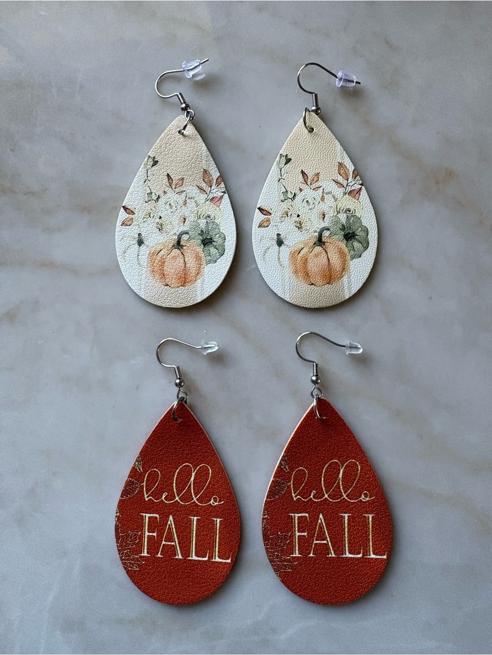 Fall Autumn Pumpkin Teardrop Earrings - White and Rust faux leather double sided